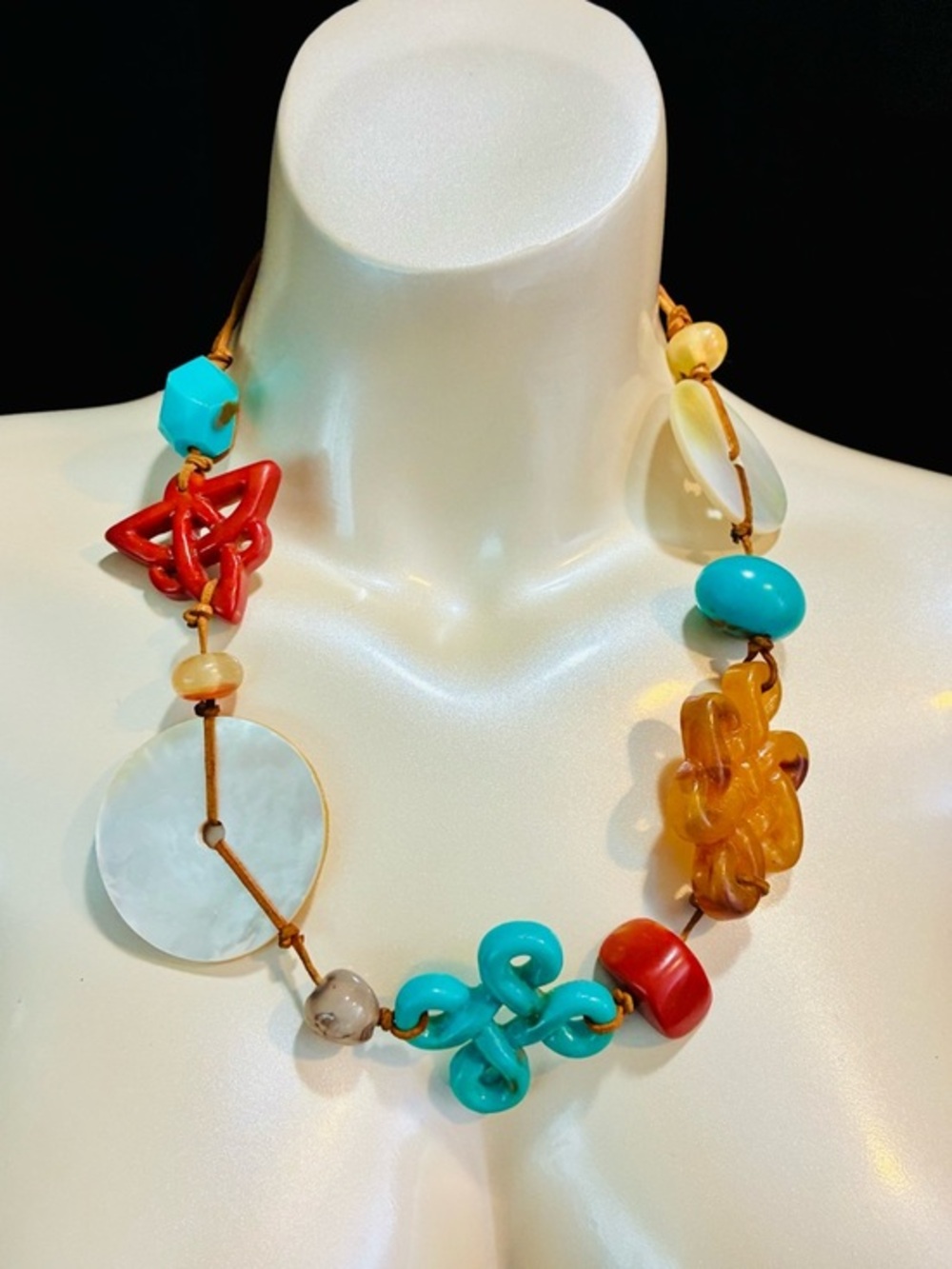 Multicolor Bead & Resin Statement Necklace - Turquoise, Red & Amber